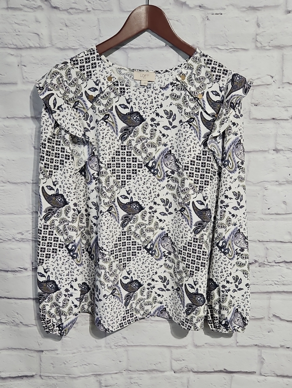 LOFT White Paisley & Floral Ruffle Sleeve Blouse
